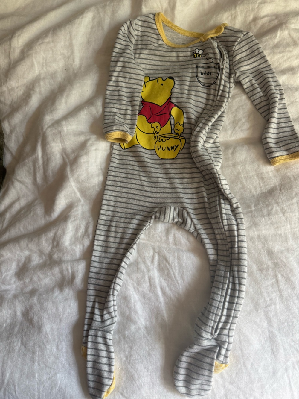 Disney Baby Gray & Yellow Striped Infant Romper with Bee Detail